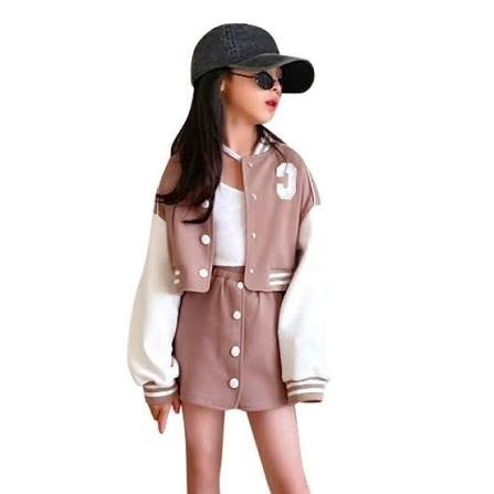 BROWN VARSITY-STYLE JACKET AND SKIRT SET