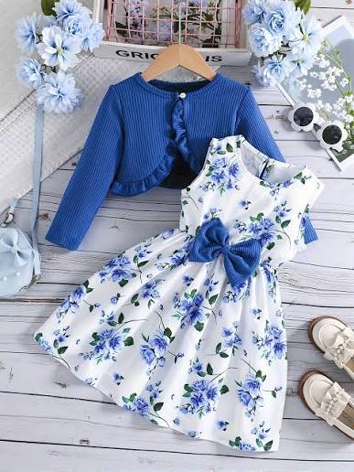 BLUE BOLERO JACKET AND FLORAL DRESS SET