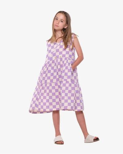 PURPLE AND WHITE CHECKERED SLEEVELESS DRESS